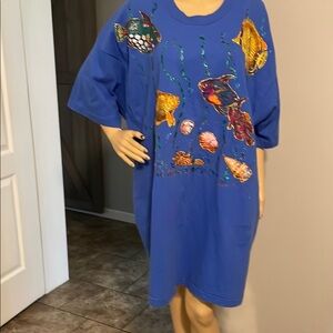 Blue Fish Oversized  Hand Crafted Print House Dress / Beach Cover Single Stitch